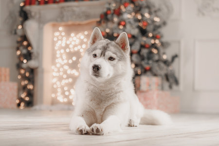 Siberian husky posing near Christmas tree with warm bokeh lights, looking calm and majestic. Calm...