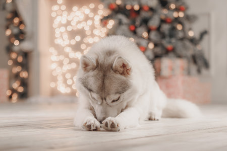 Siberian husky lowering head on paws under Christmas tree lights, tender and peaceful moment. Gentle Siberian husky dog with soft gray-white fur resting head on paws beside Christmas decorations and warm fairy lights, expressing tranquility and domestic comfort.の写真素材