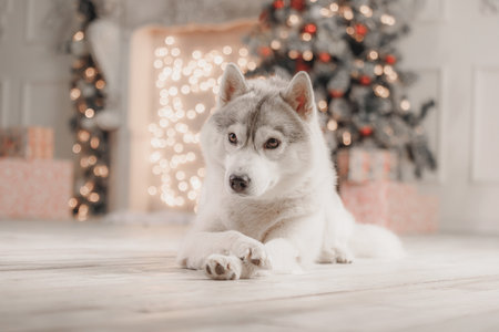 Siberian husky lying near Christmas tree with gifts and warm lights, curious and attentive....