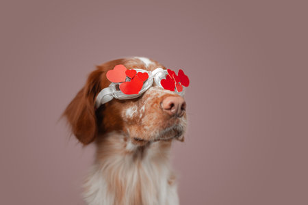 Side profile portrait of red white spaniel wearing clear goggles decorated with red hearts, muzzle raised slightly, warm fur texture highlighted by soft studio lighting against pastel backdrop.の写真素材