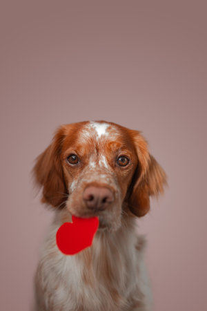 Full portrait displays brown white dog gripping vivid red heart cutout from mouth against muted pink backdrop. Balanced lighting highlights coat pattern, symmetrical framing enhances clarity, clean studio setting supports commercial themed applications.の写真素材