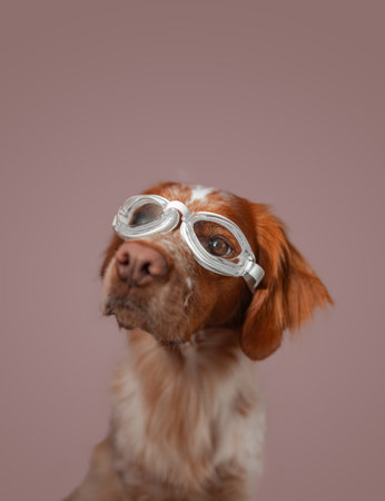 Medium portrait captures brown white dog wearing clear swim goggles with head turned slightly aside. Soft studio lighting highlights coat detail, warm tones, smooth pink background creating humorous commercially usable pet-themed imagery.の写真素材