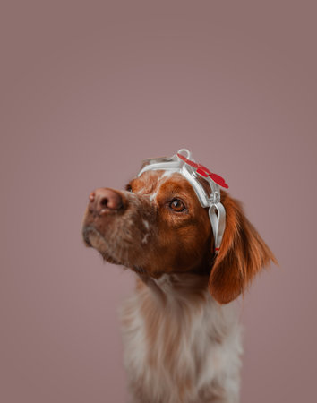 Red white spaniel with heart-decorated goggles resting above forehead, bright eyes visible, warm fur illuminated by studio lighting, pastel backdrop creating clean composition.の写真素材