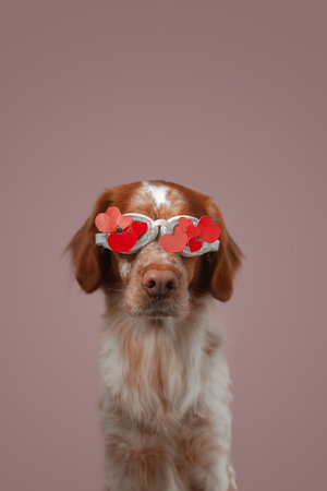 Frontal portrait of red white spaniel wearing clear goggles decorated with layered red paper hearts, posed before smooth pastel backdrop under soft studio lighting, showing relaxed posture and warm fur texture.の写真素材