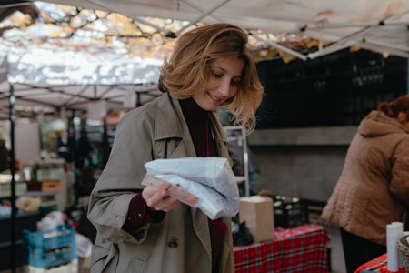 Woman holding wrapped goods during outdoor market visit under canopy structure. Soft daylight shapes trench coat folds, loose hairstyle, relaxed smile, natural shopper gesture near seasonal produce area filled with crates, fabrics, vendor stands, warm ambiance typical for local street markets.の写真素材