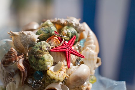 Bouquet of male shells, star, pearls and beads with wedding rings