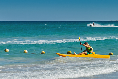 man on the sports boat in the Mediterranean coast of Africaの写真素材