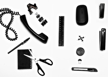 many black Office objects on white backgroundの写真素材