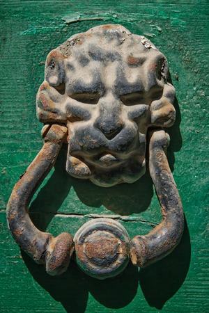 steel door handle in the form of a lionの写真素材