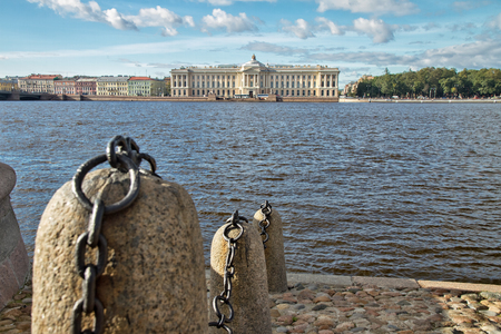 Stone embankment on Neva River in Saint Petersburg, Russiaの写真素材