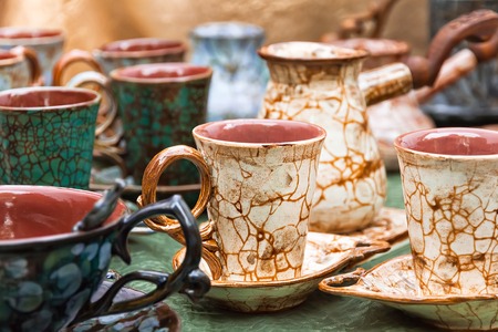 coffee cups and turk with pattern of craquelureの写真素材