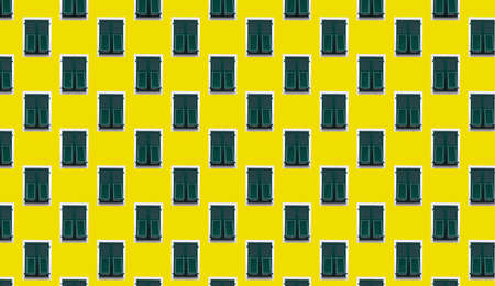seamless pattern latticed wooden window with open shutters in white frame on yellow background