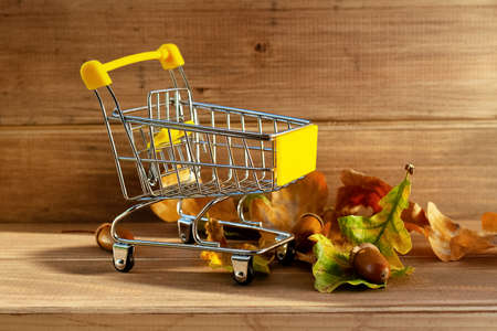 shopping trolley on wooden background with autumn leaves and acorns, copy spaceの写真素材
