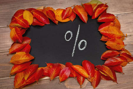 slate black board on wooden old background with handwritten sign percentage and red, yellow autumn leavesの写真素材