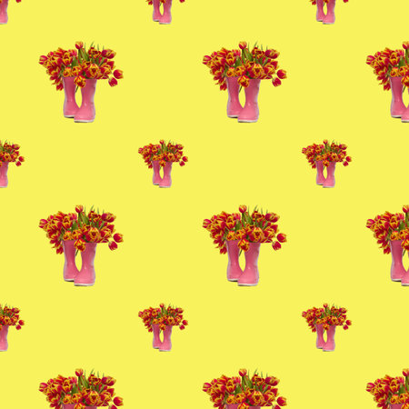 seamless pattern bouquet of orange tulips in pink rubber boots on yellow background, isolate, copy spaceの写真素材