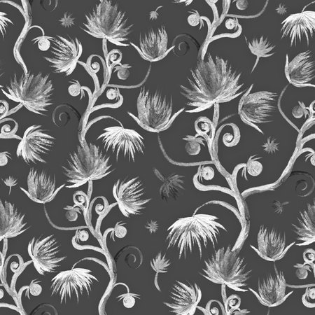 black and white seamless watercolor pattern decorative fairytale flowers plantsの写真素材
