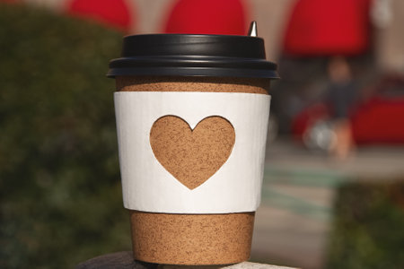paper cup of natural coffee with carved white heart on background of european cityの写真素材