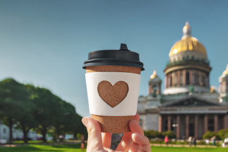 paper cup of natural coffee in womans palm on background of St. Isaacs Cathedral in Saint-Petersburg on sunny dayの写真素材