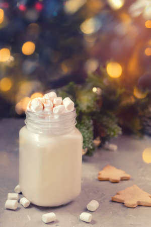 Christmas white drink eggnog with marshmallow on grey background with spruce branches, biscuits and festive bokehの写真素材