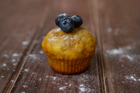 orange one carrot cupcake with blueberries sprinkled with icing sugar on old wooden table, copy space, selective focusの写真素材