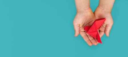 banner red paper origami pigeon in children's hands on a blue background, copy spaceの写真素材
