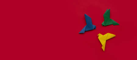 three paper origami pigeons yellow, green and blue on red backgroundの写真素材