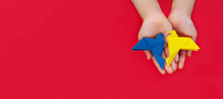 two doves of peace made of origami paper in yellow and blue of colors of Ukrainian flag in children's hands on red backgroundの写真素材