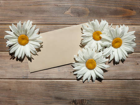 craft brown envelope and four white daisies with dew drops on old wooden background, copy space