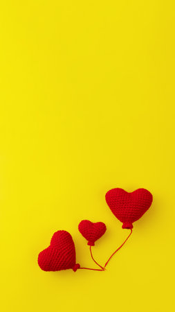 handmade three knitted red balloons heart shape in row on yellow background, concept of love and family, copy space, vertical, 16:9の写真素材