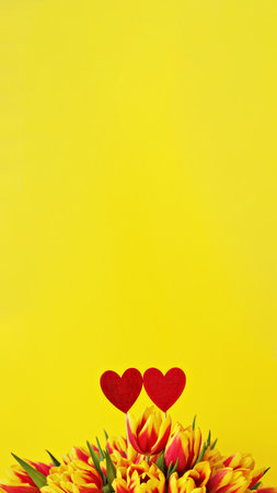 banner twain wooden red heart and bouquet of yellow pink tulips on yellow background, vertical, 16:9, copy spaceの写真素材