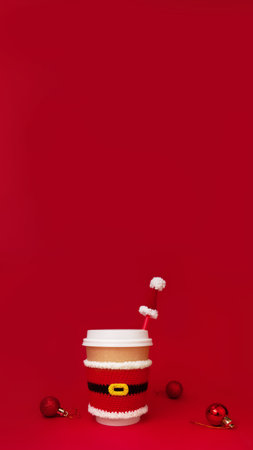 christmas paper beige cup with white lid dressed in santa claus clothes, red Christmas cap and balls on scarlet background, copy space, vertical, 16:9の写真素材