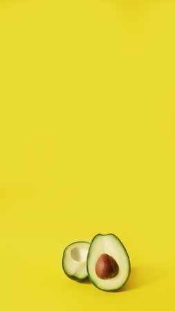 banner organic avocado fruit cut in half on yellow background, vertical, 16:9, copy space,...