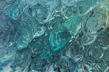 abstract blue green epoxy resin fluid art textural background with paint spots, strokes