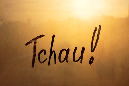 Handwritten lettering Tchau in Portuguese language is bye in english on misted glass on sunset orange window flooded with raindropsの写真素材