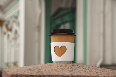 paper cup of natural coffee with carved white heart on on Palace Square in St. Petersburgの写真素材