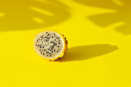 yellow pitaya dragon fruit in section white flesh with black seeds on yellow background, shadow of monstera leavesの写真素材