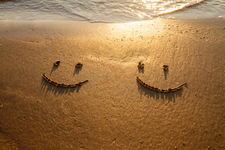 two emoticon happy smile face painted on jetted beach sand by seaの写真素材