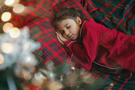 Portrait of 6 years old girl in red pajamas sleeping in bed in holiday lightsの写真素材