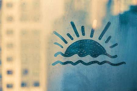 Hand drawn doodle blue shape sunset and sea on muddy glass wet windowの写真素材