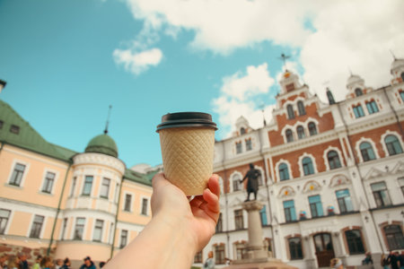Brown paper cup of natural coffee in womens hand against backdrop of Vyborg Town Hall on sunny dayの写真素材