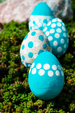 Easter eggs on flowering meadow. selective focusの写真素材