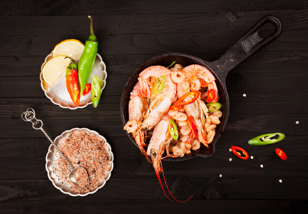 shrimp on a wooden background. Top viewの写真素材