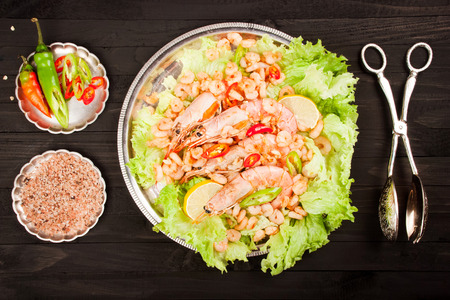 shrimp on a wooden background. Top viewの写真素材