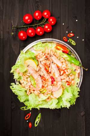 shrimp on a wooden background. Top viewの写真素材
