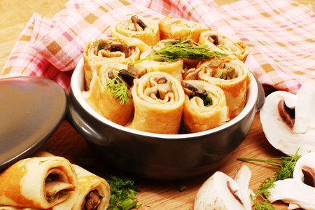 Pancakes with mushrooms. Mushroom appetizer.の写真素材