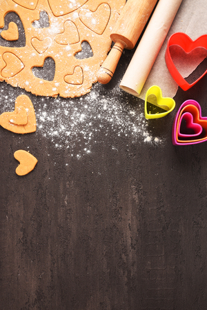 Cookies in the shape of hearts, cooking. Valentine's Day. Flat lay.の写真素材