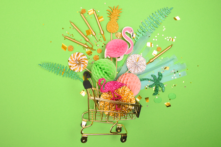 Attributes of a holiday to a supermarket on a plain background. The concept of holiday shopping. Flat lay, top viewの写真素材