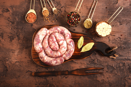 Fresh raw meat and spices. Barbecue set. View from above.の写真素材