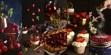 Collage with berry desserts. Sweet food on a dark backgroundの写真素材