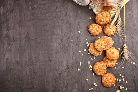 Oatmeal cookies and milk on a background with place for text. Healthy breakfast concept.の写真素材